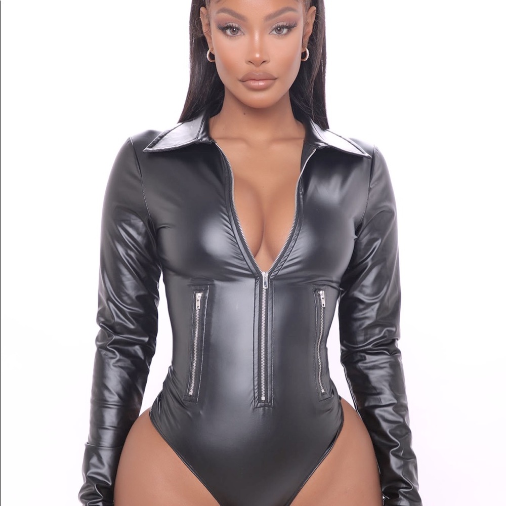 Biker baddie zip front bodysuit leather